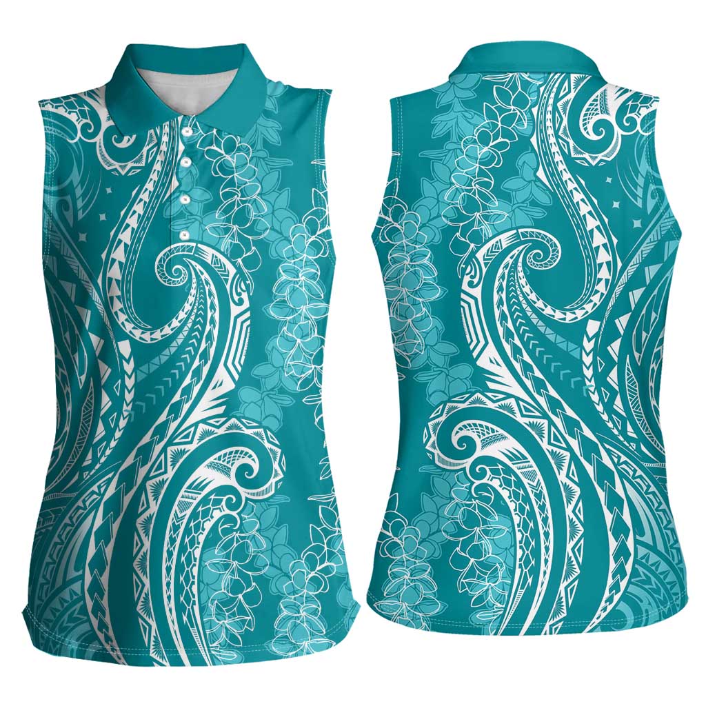 Polynesia Plumeria Lei Women Sleeveless Polo Shirt Teal Curves Motif