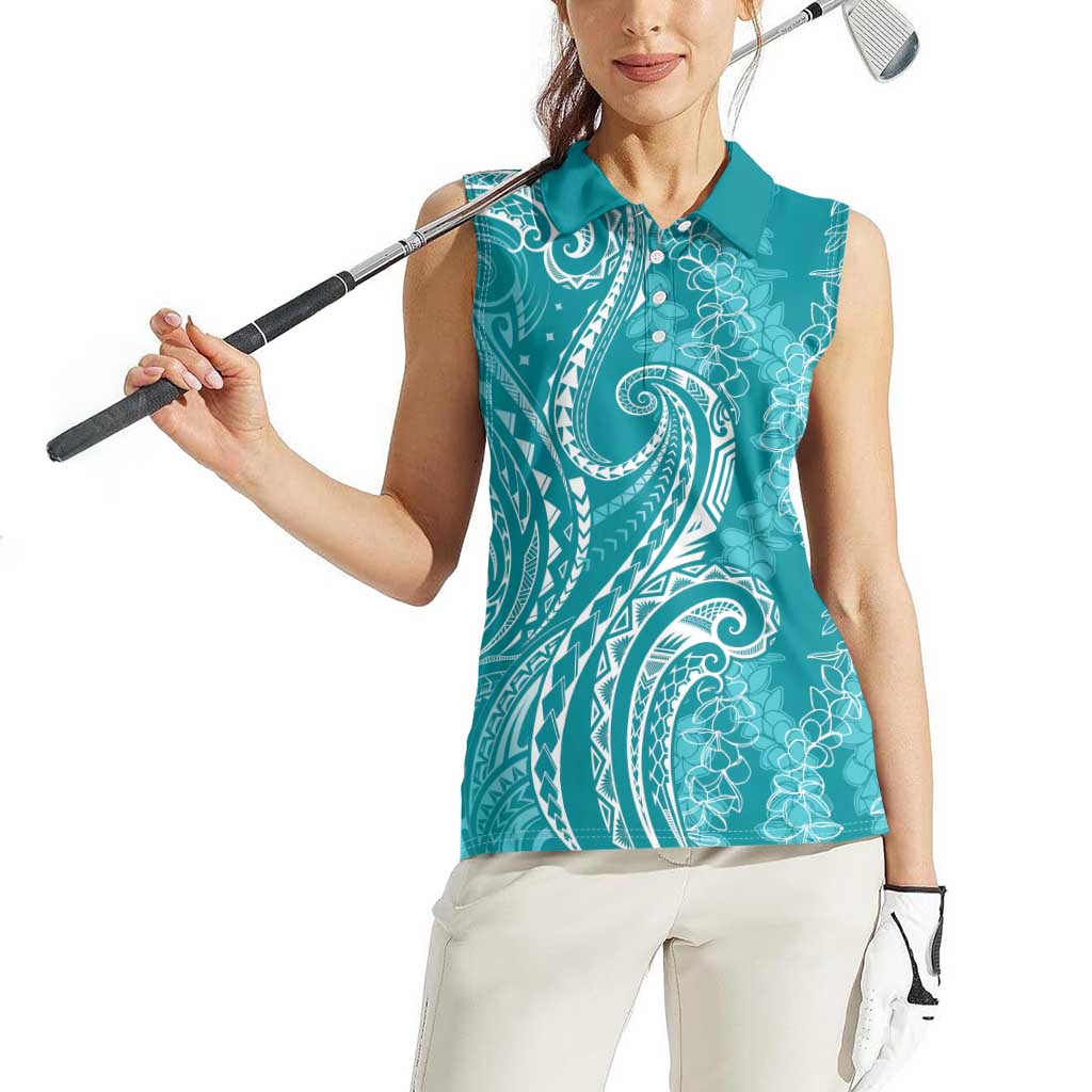 Polynesia Plumeria Lei Women Sleeveless Polo Shirt Teal Curves Motif