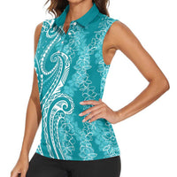 Polynesia Plumeria Lei Women Sleeveless Polo Shirt Teal Curves Motif
