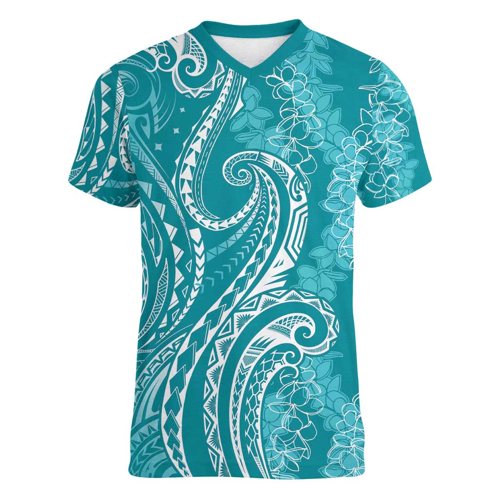Polynesia Plumeria Lei Women V-Neck T-Shirt Teal Curves Motif LT7 Female Teal - Polynesian Pride