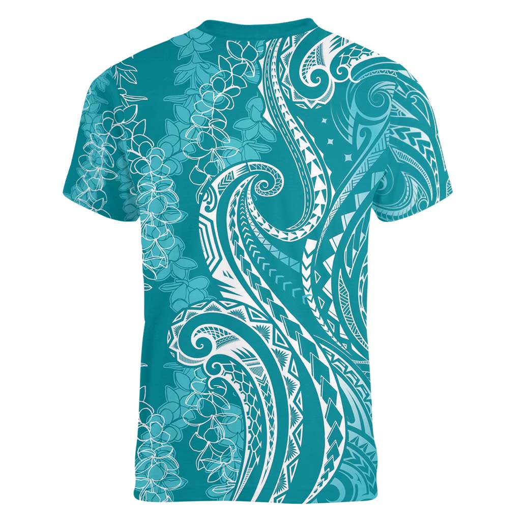 Polynesia Plumeria Lei Women V-Neck T-Shirt Teal Curves Motif
