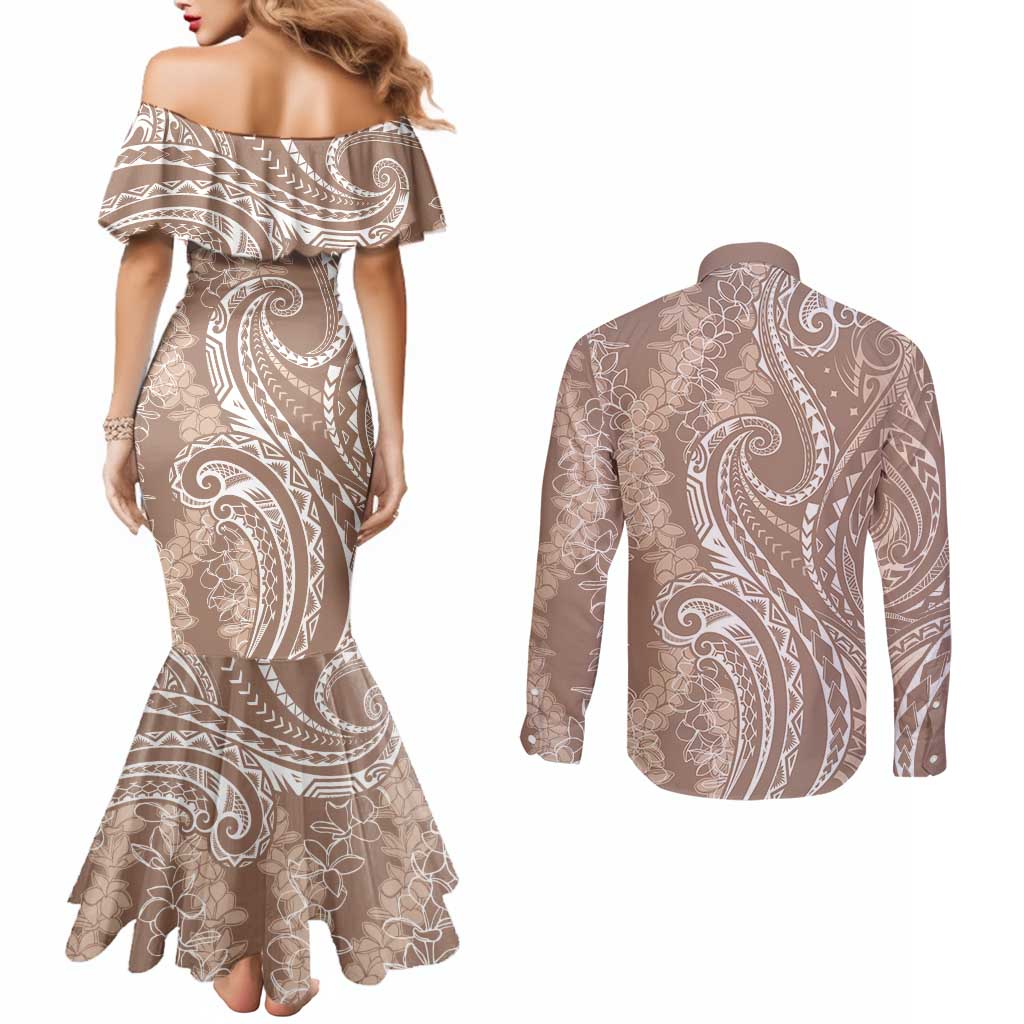 Polynesia Plumeria Lei Couples Matching Mermaid Dress and Long Sleeve Button Shirt Beige Curves Motif LT7 - Polynesian Pride