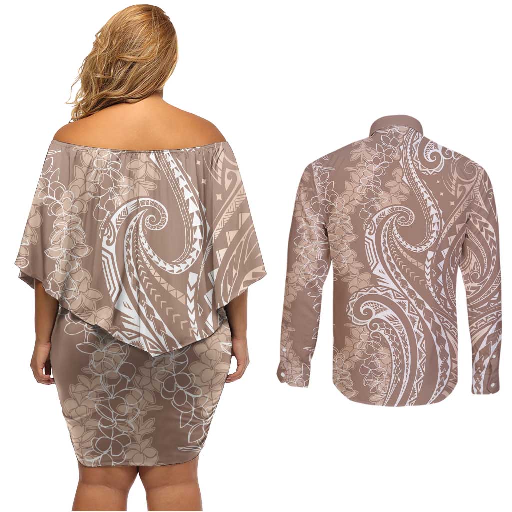 Polynesia Plumeria Lei Couples Matching Off Shoulder Short Dress and Long Sleeve Button Shirt Beige Curves Motif LT7 - Polynesian Pride