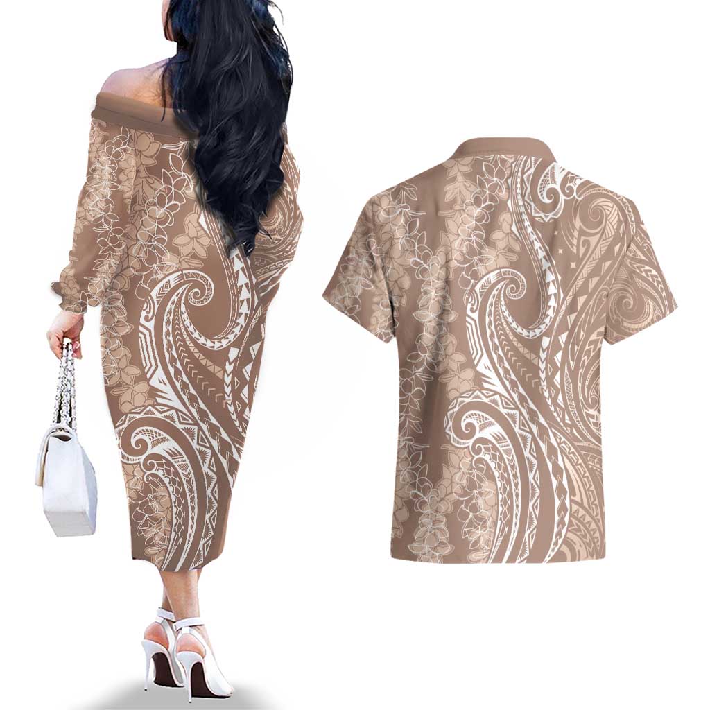 Polynesia Plumeria Lei Couples Matching Off The Shoulder Long Sleeve Dress and Hawaiian Shirt Beige Curves Motif
