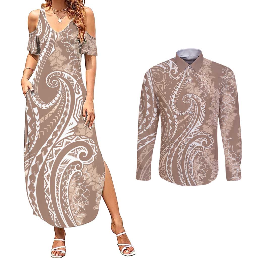 Polynesia Plumeria Lei Couples Matching Summer Maxi Dress and Long Sleeve Button Shirt Beige Curves Motif