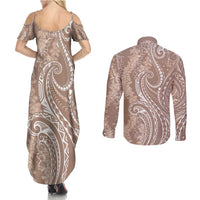Polynesia Plumeria Lei Couples Matching Summer Maxi Dress and Long Sleeve Button Shirt Beige Curves Motif