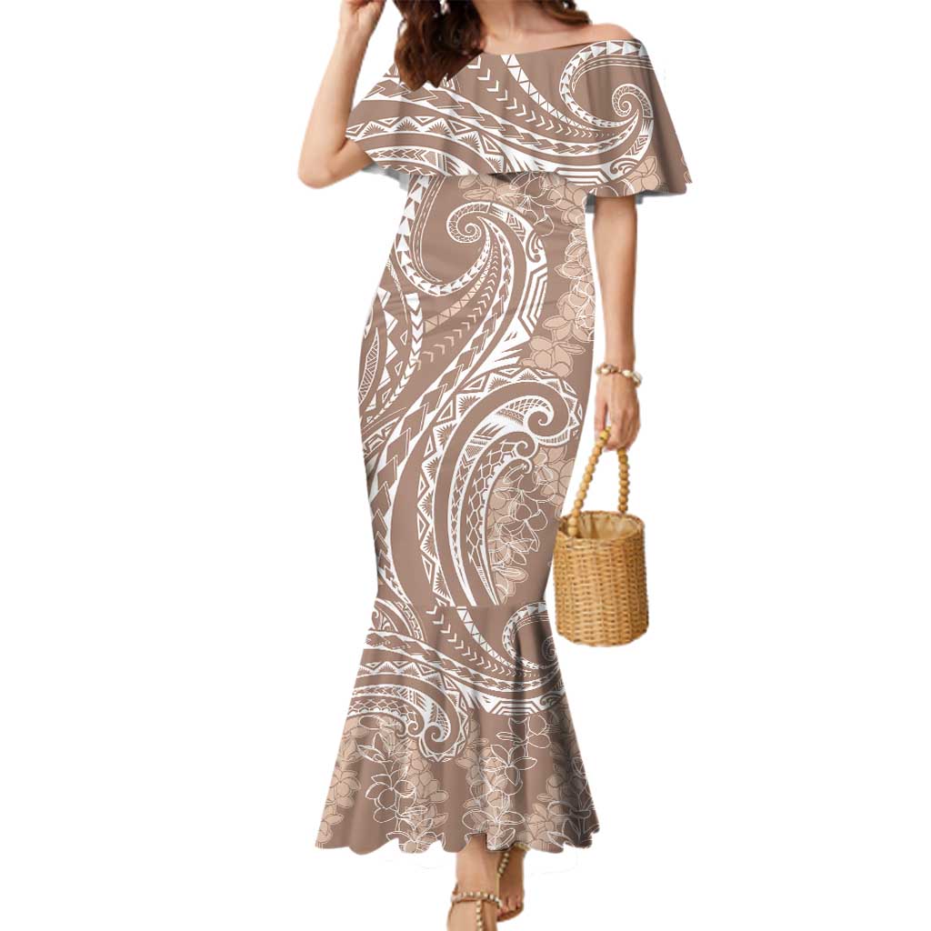 Polynesia Plumeria Lei Family Matching Mermaid Dress and Hawaiian Shirt Beige Curves Motif