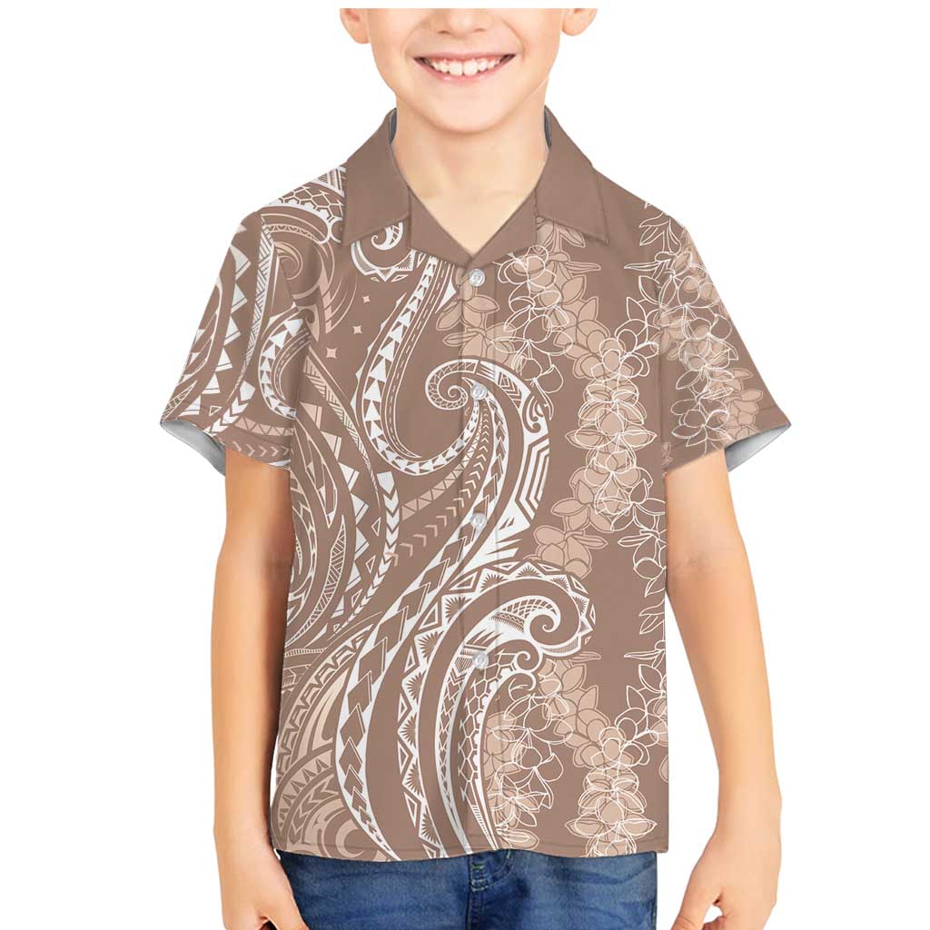 Polynesia Plumeria Lei Family Matching Mermaid Dress and Hawaiian Shirt Beige Curves Motif