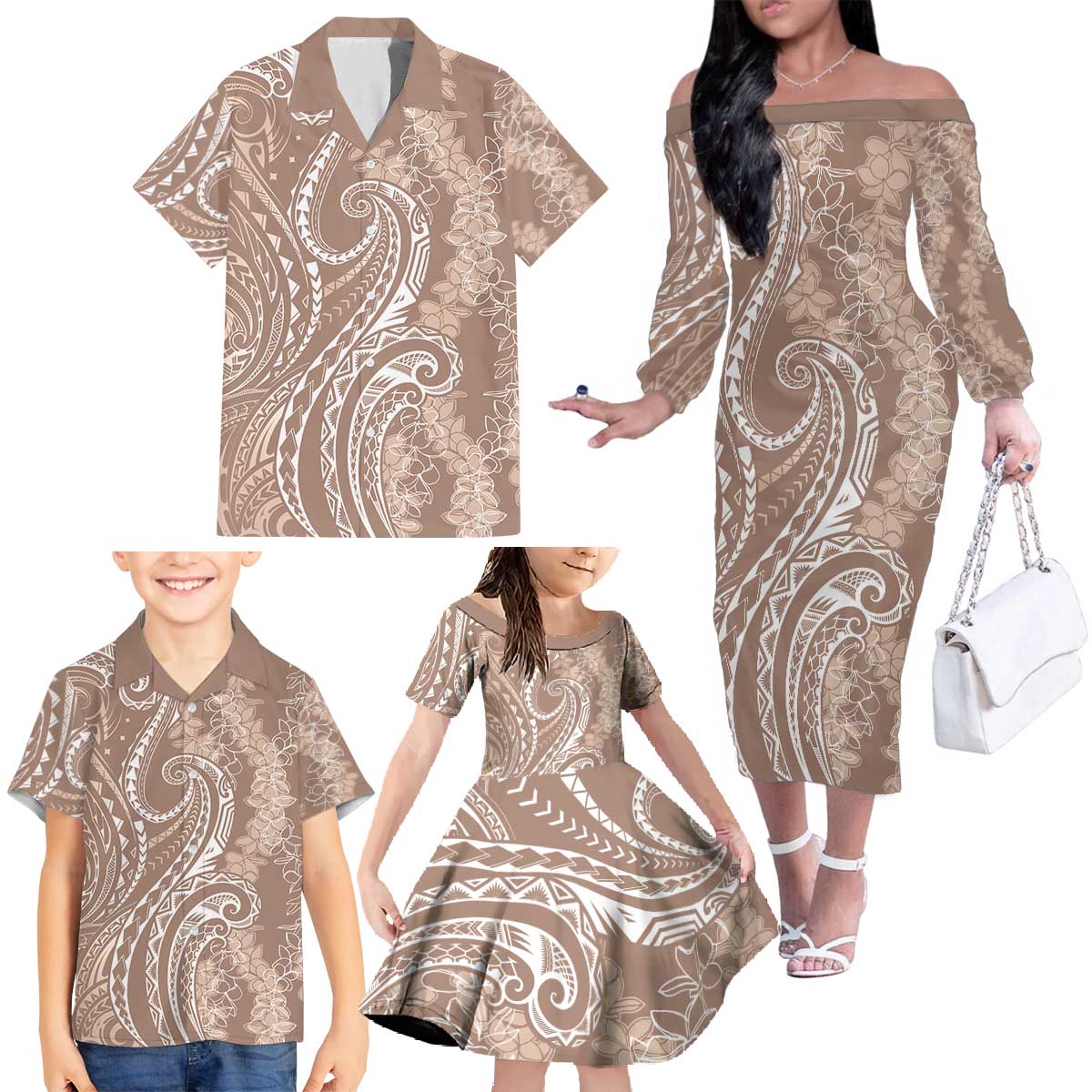 Polynesia Plumeria Lei Family Matching Off The Shoulder Long Sleeve Dress and Hawaiian Shirt Beige Curves Motif