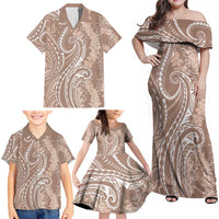 Polynesia Plumeria Lei Family Matching Off Shoulder Maxi Dress and Hawaiian Shirt Beige Curves Motif