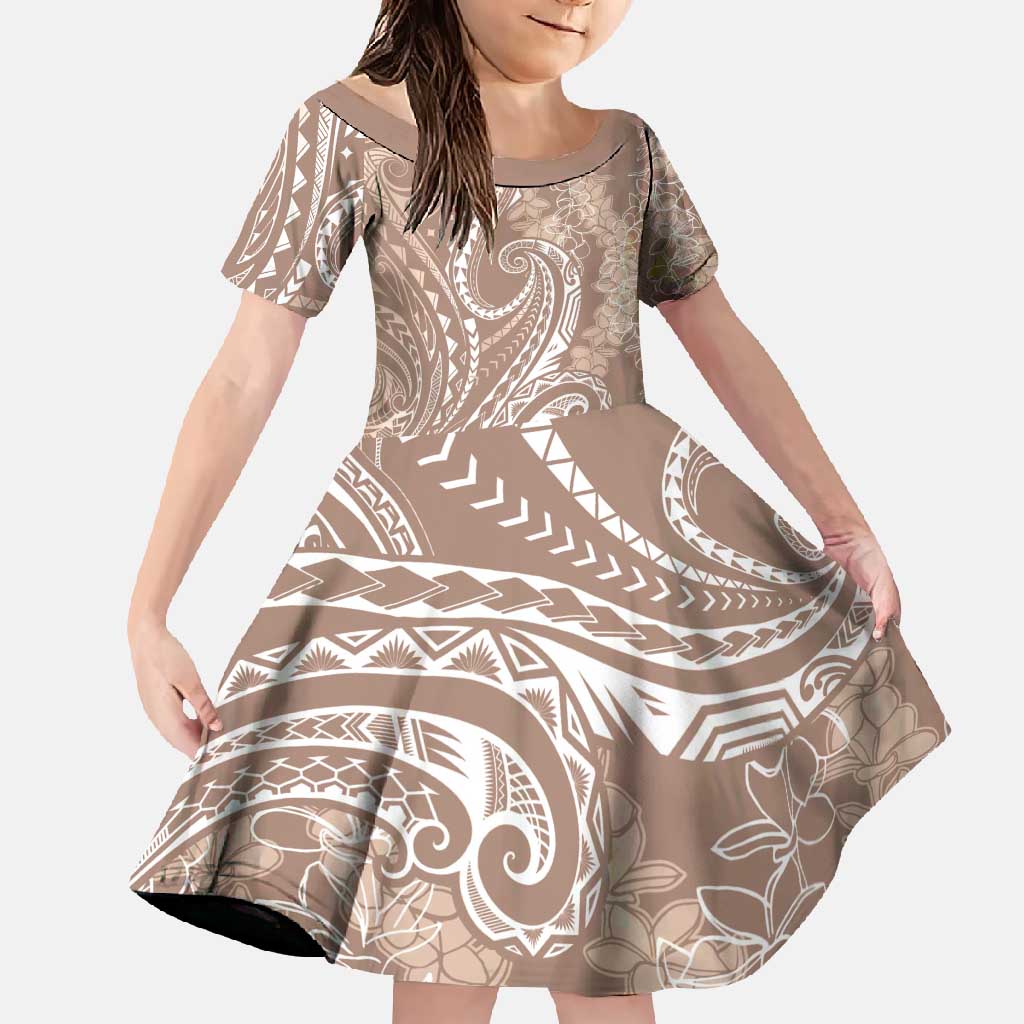 Polynesia Plumeria Lei Family Matching Short Sleeve Bodycon Dress and Hawaiian Shirt Beige Curves Motif LT7 Daughter's Dress Beige - Polynesian Pride