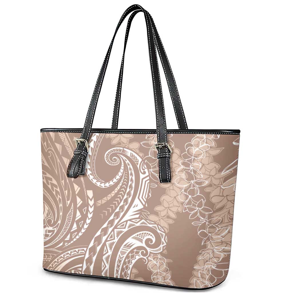 Polynesia Plumeria Lei Leather Tote Bag Beige Curves Motif
