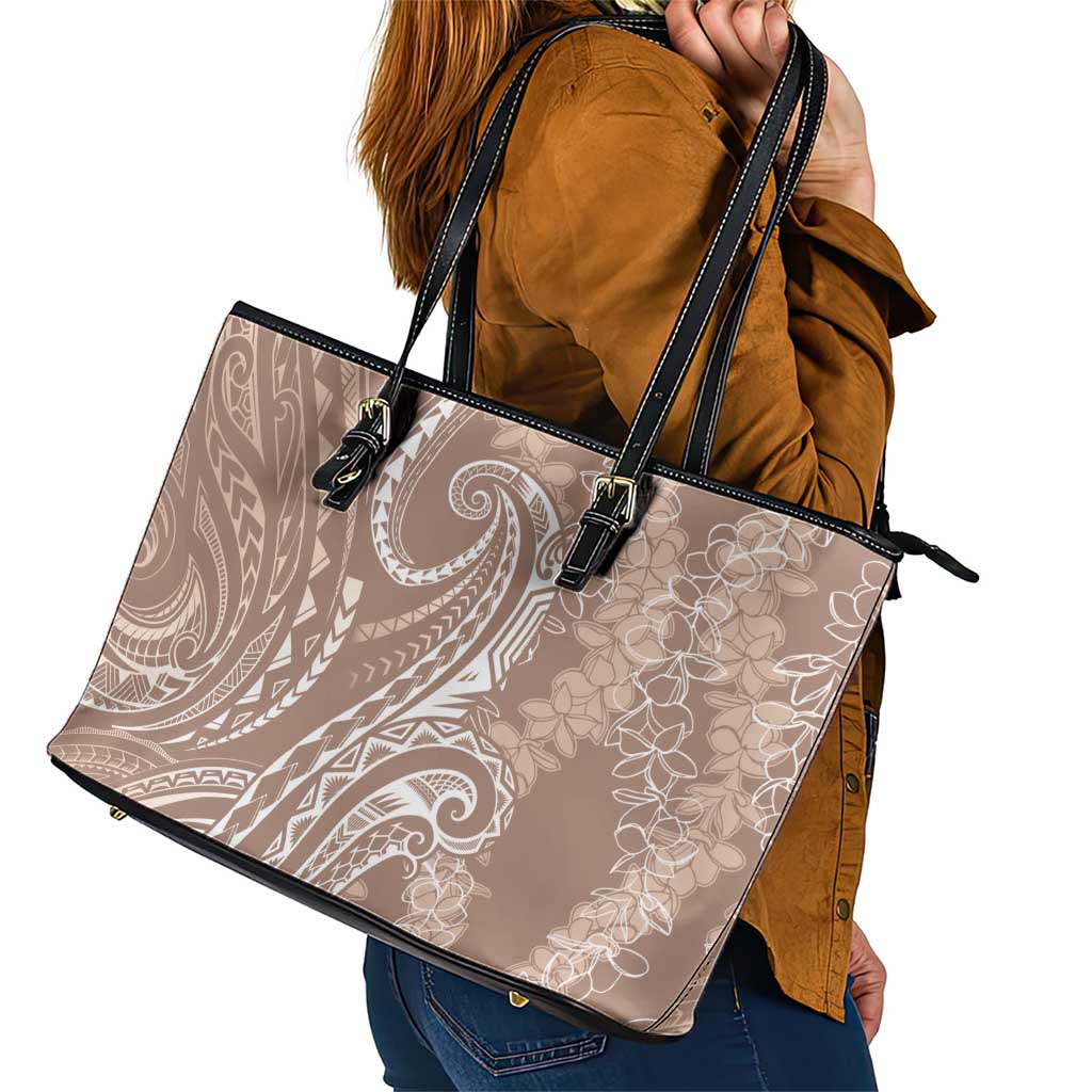 Polynesia Plumeria Lei Leather Tote Bag Beige Curves Motif