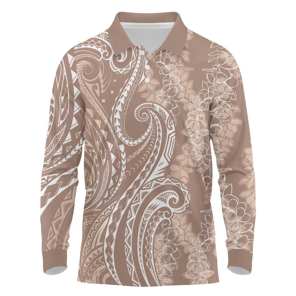 Polynesia Plumeria Lei Long Sleeve Polo Shirt Beige Curves Motif LT7 Beige - Polynesian Pride
