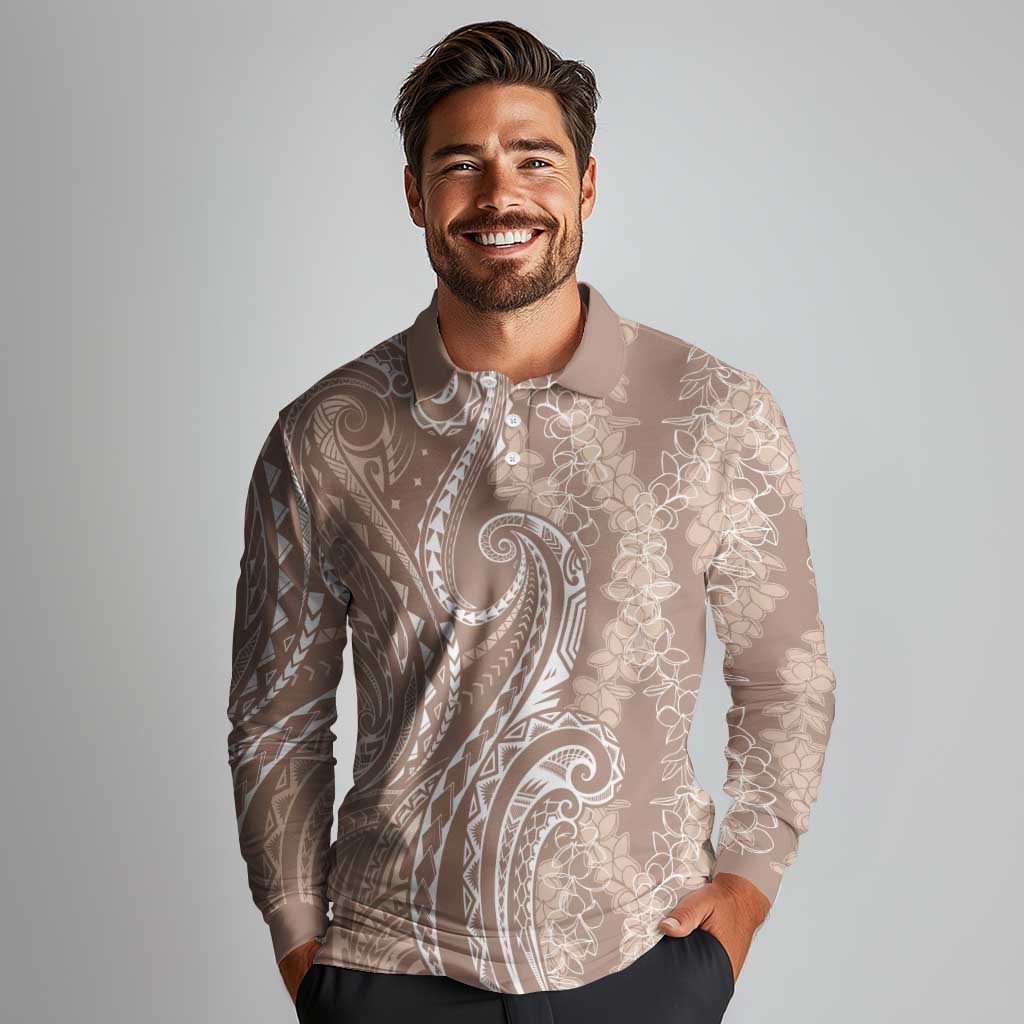 Polynesia Plumeria Lei Long Sleeve Polo Shirt Beige Curves Motif