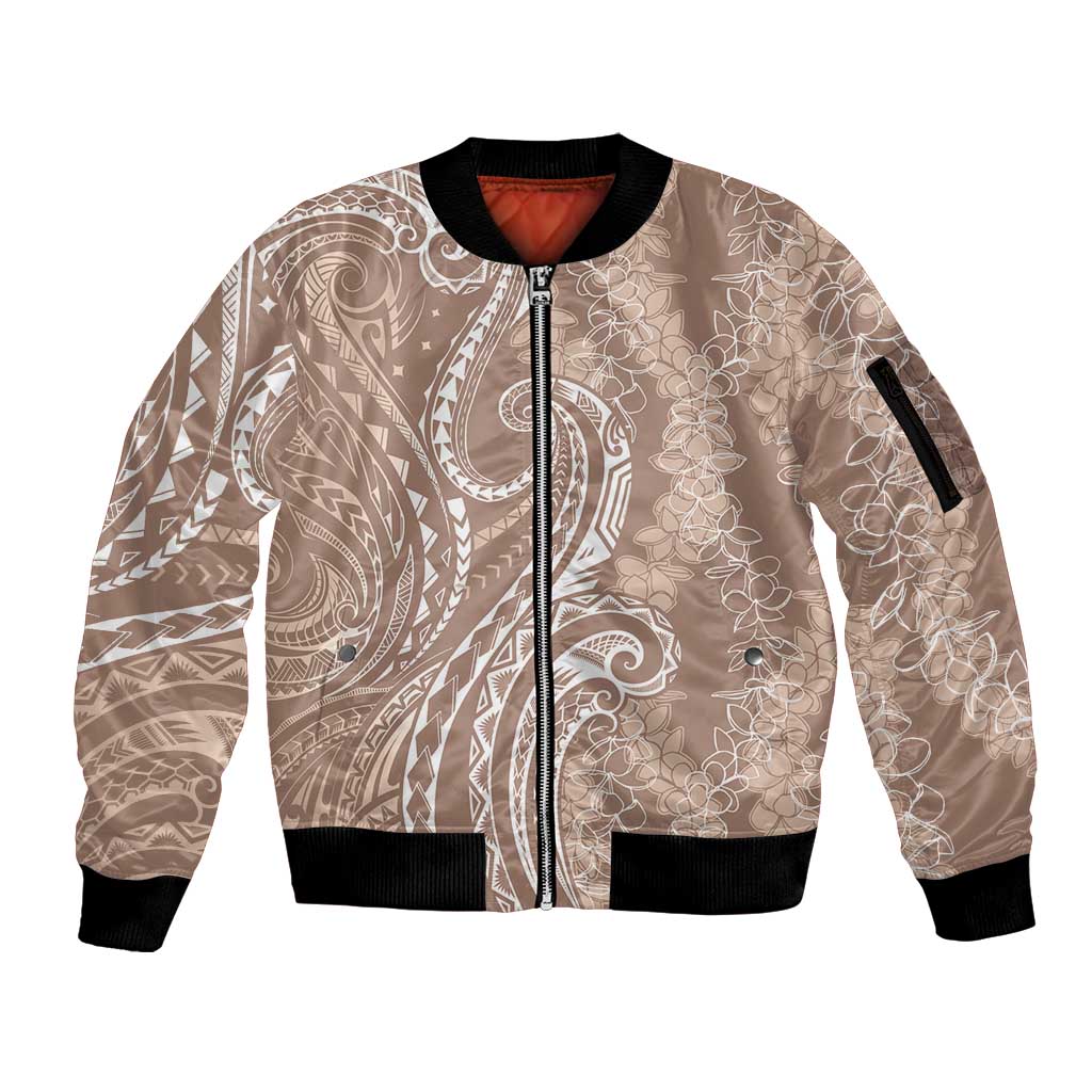 Polynesia Plumeria Lei Sleeve Zip Bomber Jacket Beige Curves Motif LT7 Unisex Beige - Polynesian Pride