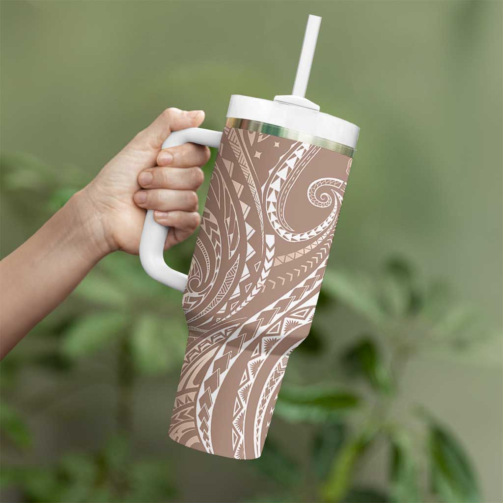Polynesia Plumeria Lei Tumbler With Handle Beige Curves Motif