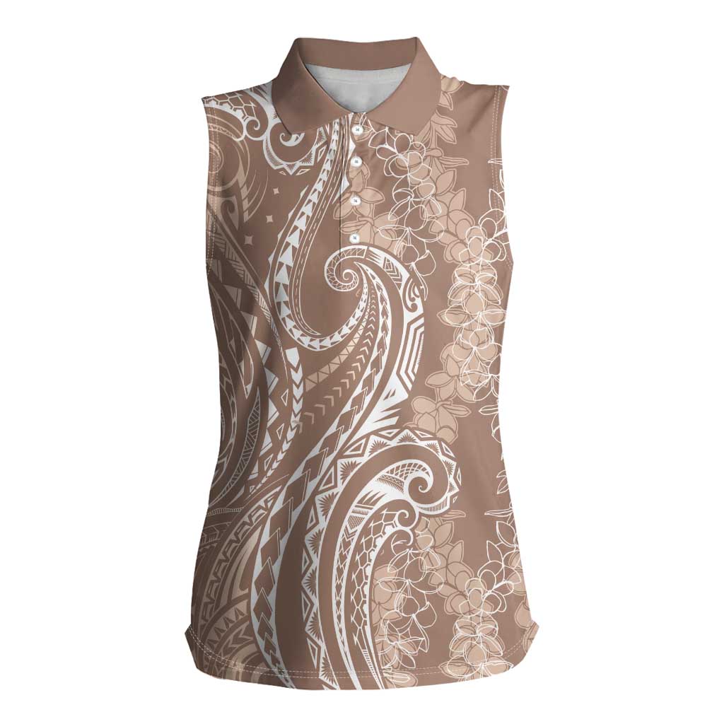 Polynesia Plumeria Lei Women Sleeveless Polo Shirt Beige Curves Motif LT7 Female Beige - Polynesian Pride
