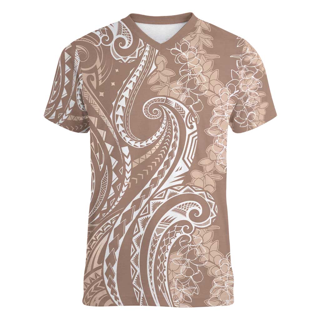 Polynesia Plumeria Lei Women V-Neck T-Shirt Beige Curves Motif LT7 Female Beige - Polynesian Pride