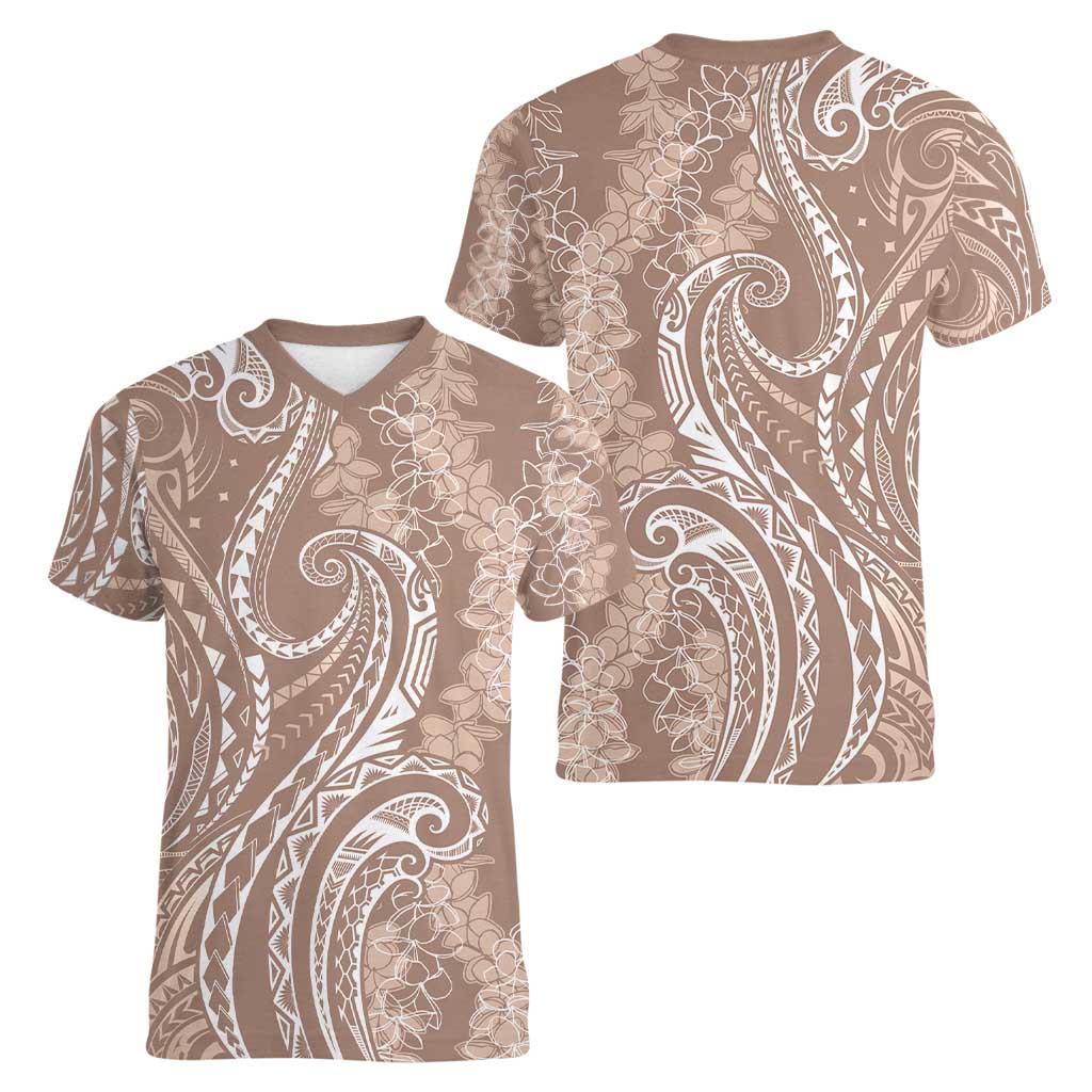 Polynesia Plumeria Lei Women V-Neck T-Shirt Beige Curves Motif
