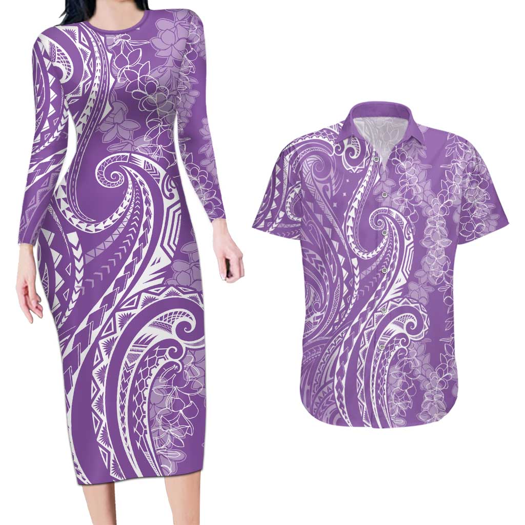 Polynesia Plumeria Lei Couples Matching Long Sleeve Bodycon Dress and Hawaiian Shirt Periwinkle Curves Motif