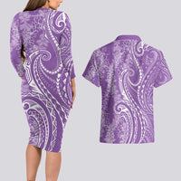 Polynesia Plumeria Lei Couples Matching Long Sleeve Bodycon Dress and Hawaiian Shirt Periwinkle Curves Motif