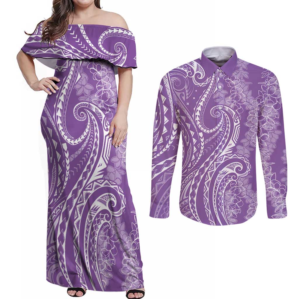 Polynesia Plumeria Lei Couples Matching Off Shoulder Maxi Dress and Long Sleeve Button Shirt Periwinkle Curves Motif LT7 Periwinkle - Polynesian Pride