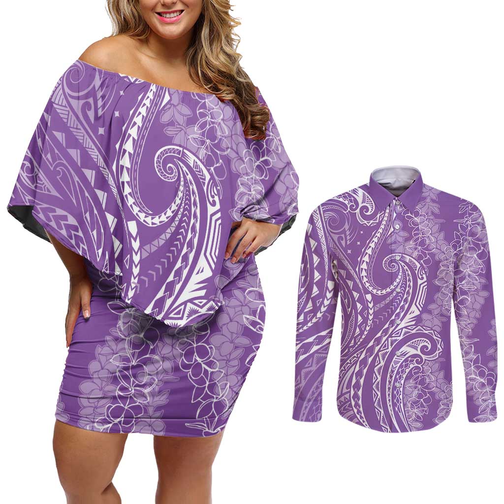 Polynesia Plumeria Lei Couples Matching Off Shoulder Short Dress and Long Sleeve Button Shirt Periwinkle Curves Motif LT7 Periwinkle - Polynesian Pride