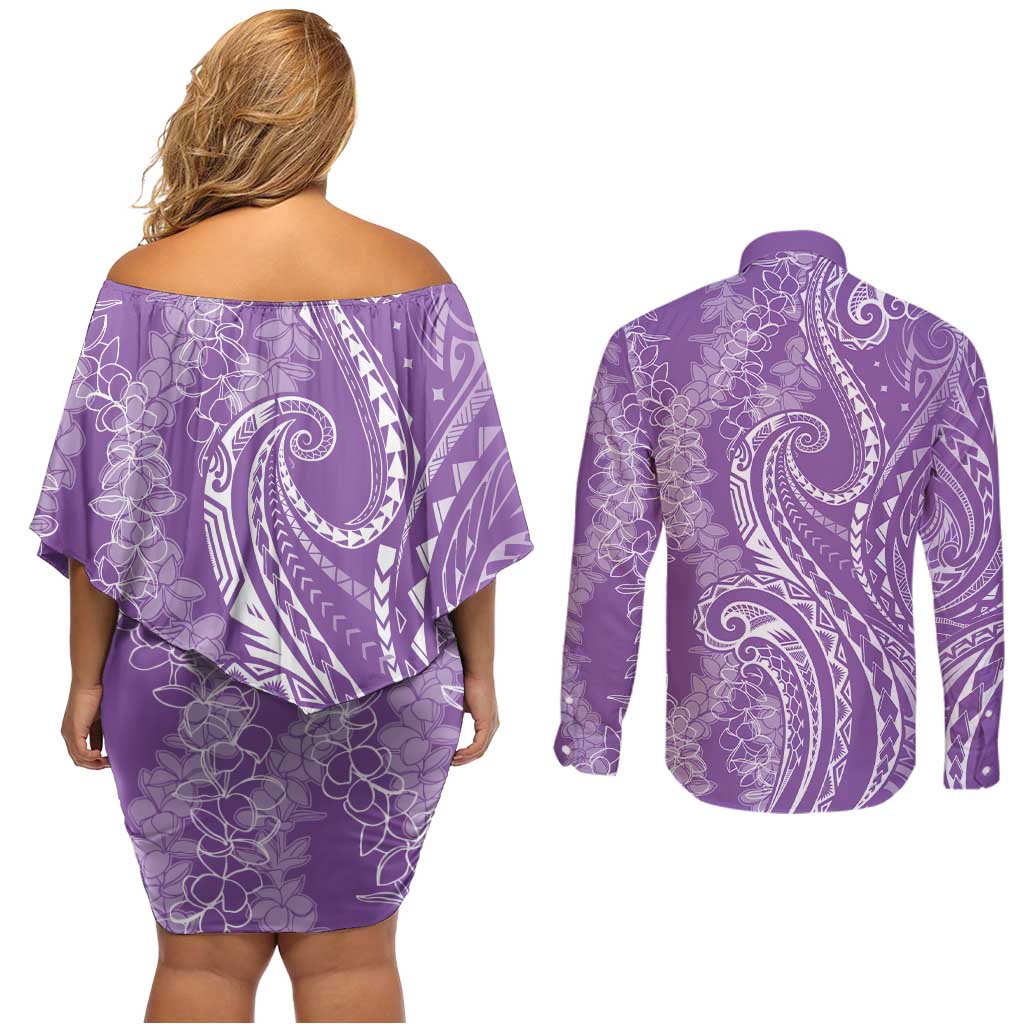 Polynesia Plumeria Lei Couples Matching Off Shoulder Short Dress and Long Sleeve Button Shirt Periwinkle Curves Motif LT7 - Polynesian Pride