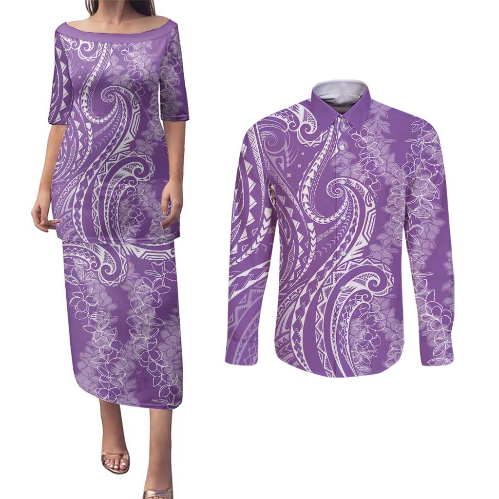 Polynesia Plumeria Lei Couples Matching Puletasi and Long Sleeve Button Shirt Periwinkle Curves Motif LT7 Periwinkle - Polynesian Pride