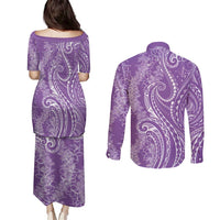 Polynesia Plumeria Lei Couples Matching Puletasi and Long Sleeve Button Shirt Periwinkle Curves Motif LT7 - Polynesian Pride