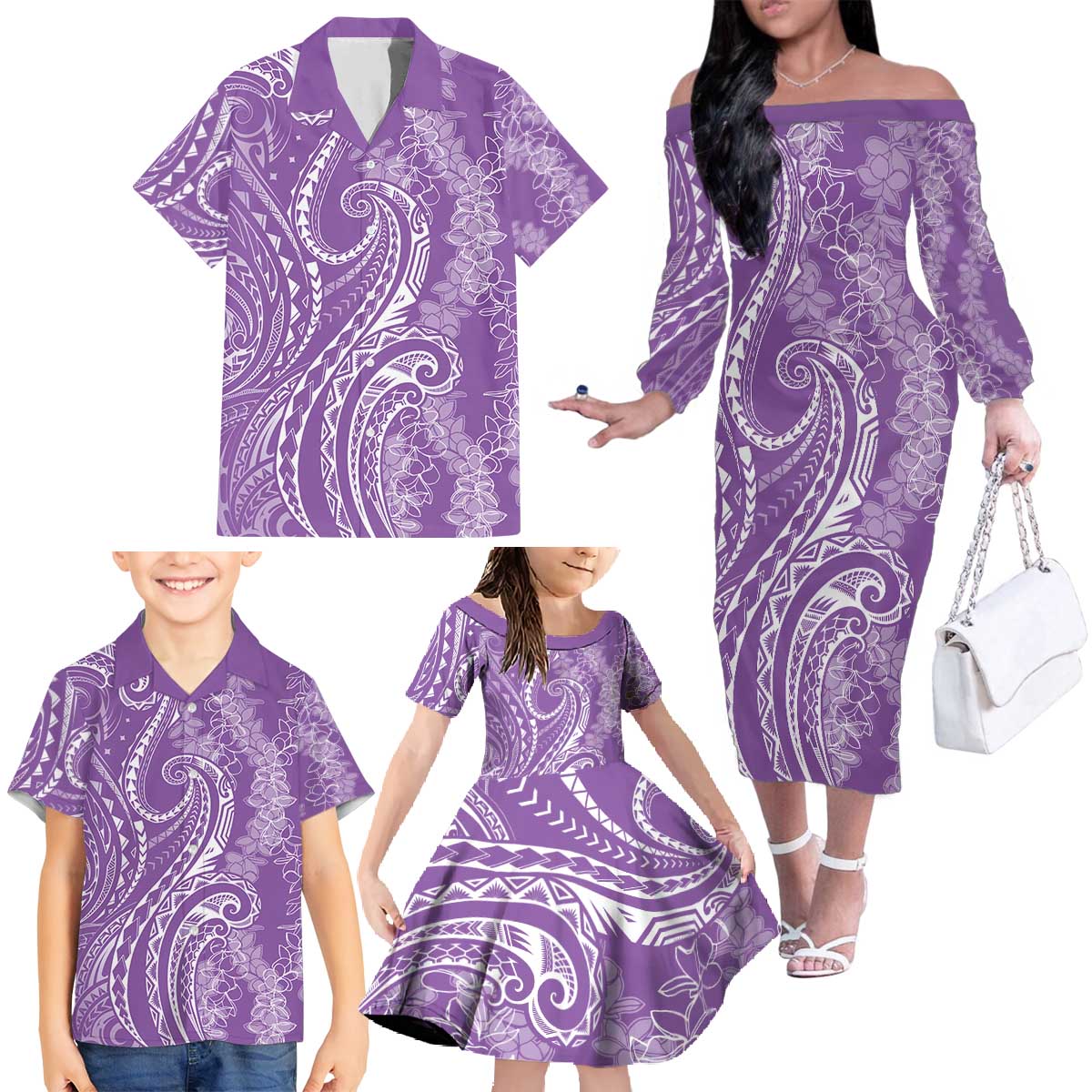 Polynesia Plumeria Lei Family Matching Off The Shoulder Long Sleeve Dress and Hawaiian Shirt Periwinkle Curves Motif