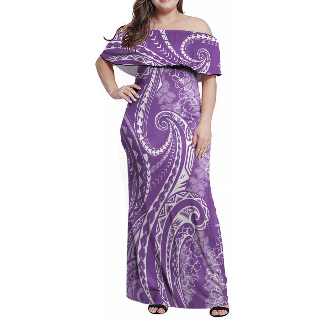 Polynesia Plumeria Lei Family Matching Off Shoulder Maxi Dress and Hawaiian Shirt Periwinkle Curves Motif
