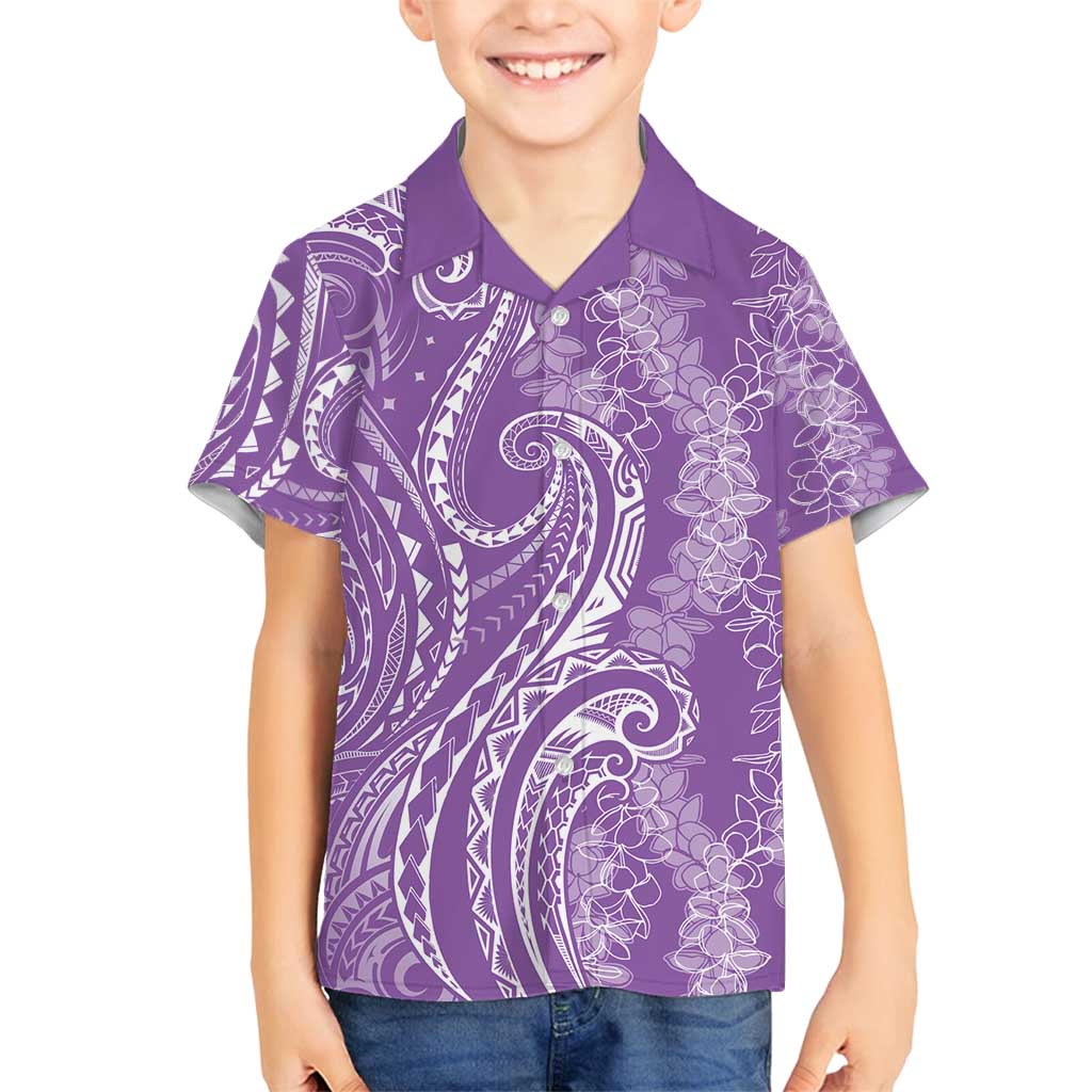 Polynesia Plumeria Lei Family Matching Off Shoulder Maxi Dress and Hawaiian Shirt Periwinkle Curves Motif