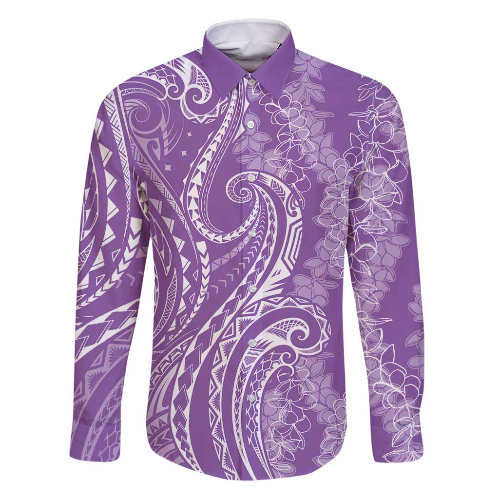 Polynesia Plumeria Lei Family Matching Off Shoulder Short Dress and Hawaiian Shirt Periwinkle Curves Motif LT7 Dad's Shirt - Long Sleeve Periwinkle - Polynesian Pride