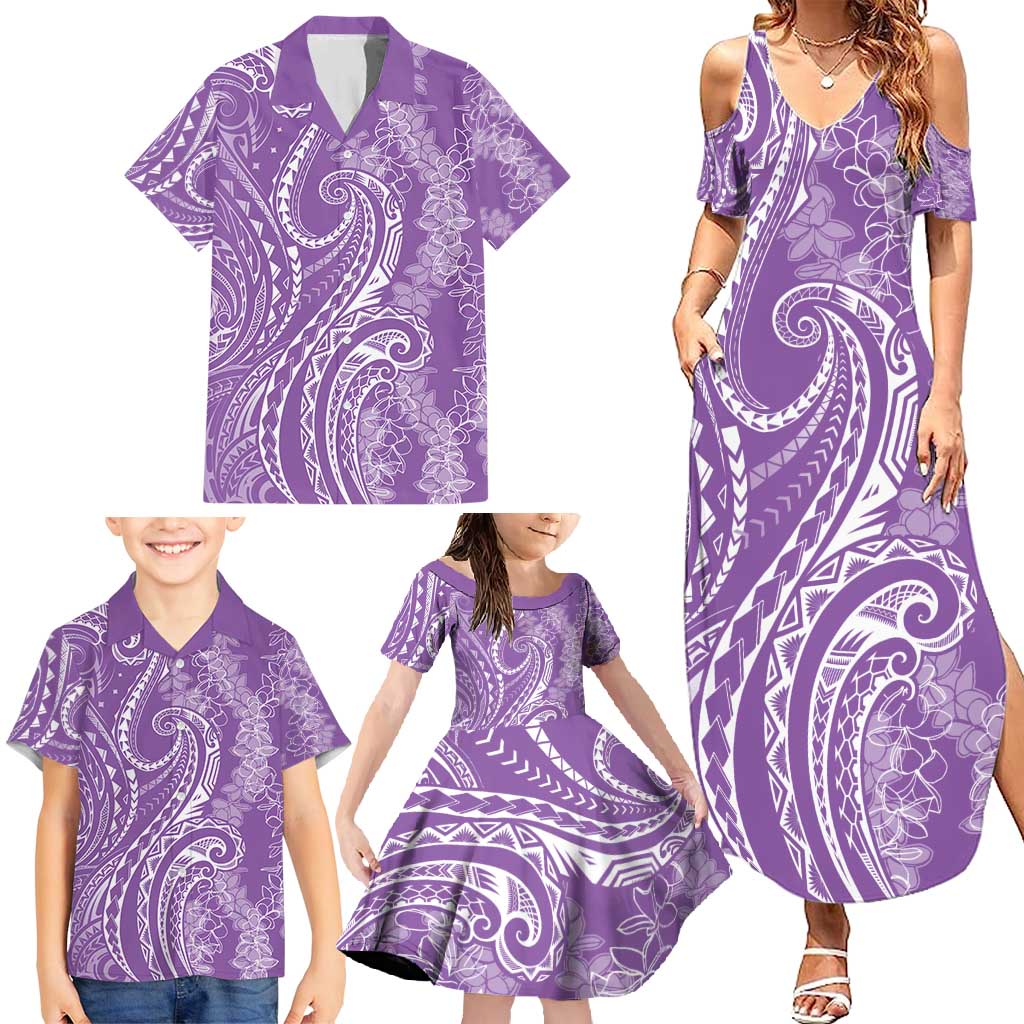 Polynesia Plumeria Lei Family Matching Summer Maxi Dress and Hawaiian Shirt Periwinkle Curves Motif