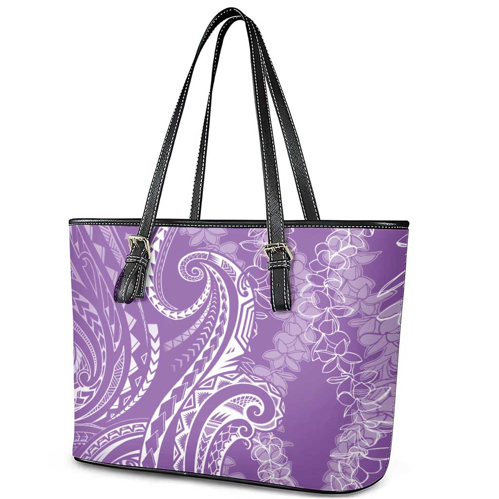 Polynesia Plumeria Lei Leather Tote Bag Periwinkle Curves Motif