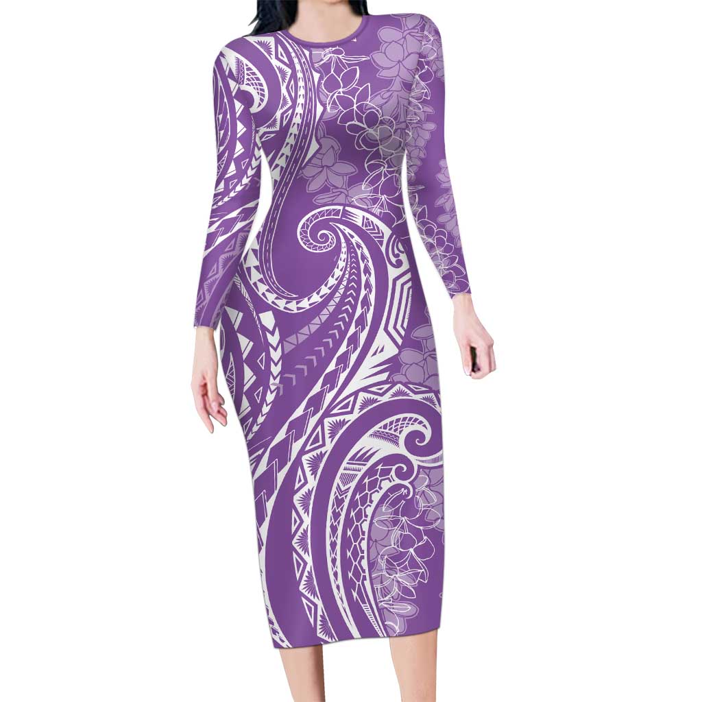 purple long sleeve dress bodycon Polynesia Plumeria Lei Long Sleeve Bodycon Dress Periwinkle Curves Motif