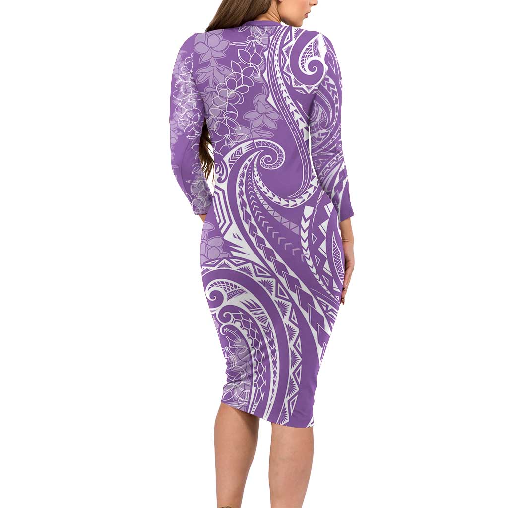 Polynesia Plumeria Lei Long Sleeve Bodycon Dress Periwinkle Curves Motif