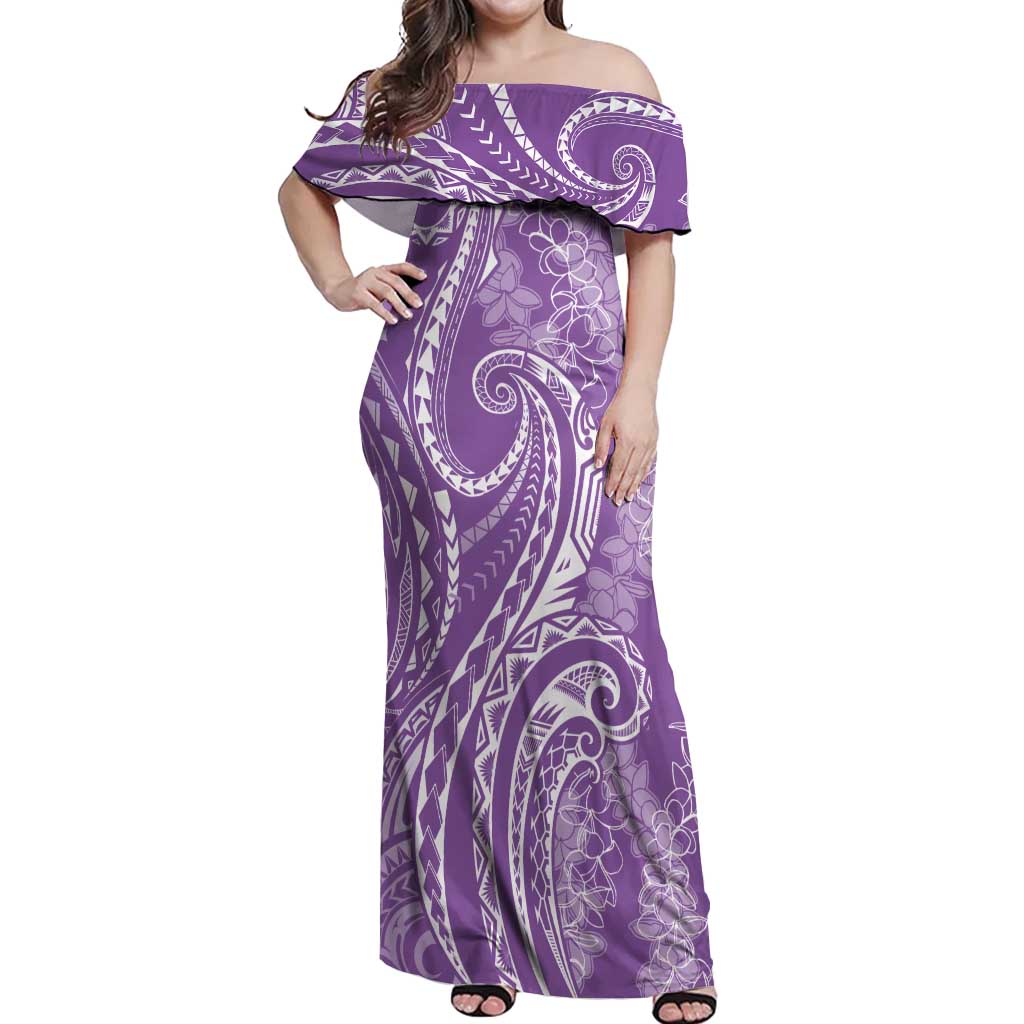 Polynesia Plumeria Lei Off Shoulder Maxi Dress Periwinkle Curves Motif