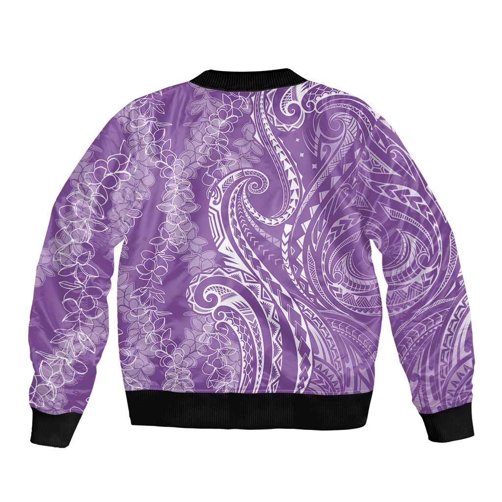 Polynesia Plumeria Lei Sleeve Zip Bomber Jacket Periwinkle Curves Motif