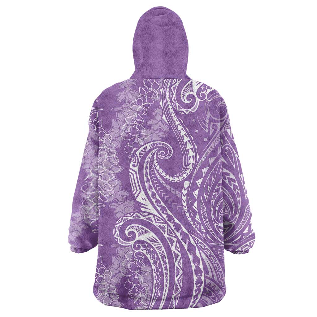Polynesia Plumeria Lei Wearable Blanket Hoodie Periwinkle Curves Motif