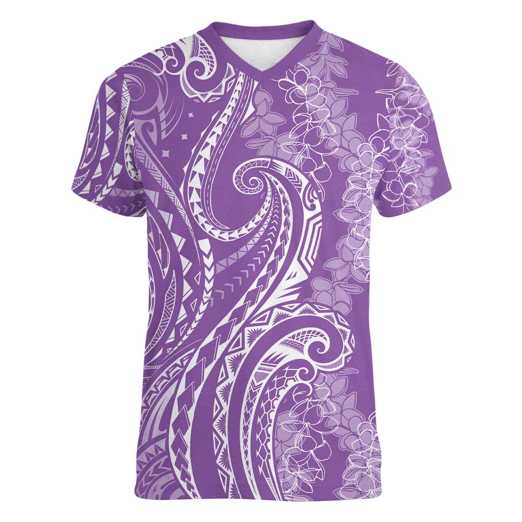 Polynesia Plumeria Lei Women V-Neck T-Shirt Periwinkle Curves Motif LT7 Female Periwinkle - Polynesian Pride