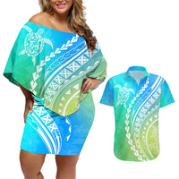 Polynesian Pride Couples Matching Off Shoulder Short Dress and Hawaiian Shirt Turtle Hibiscus Luxury Style - Gradient Blue LT7 Blue Green - Polynesian Pride