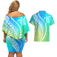 Polynesian Pride Couples Matching Off Shoulder Short Dress and Hawaiian Shirt Turtle Hibiscus Luxury Style - Gradient Blue LT7 - Polynesian Pride