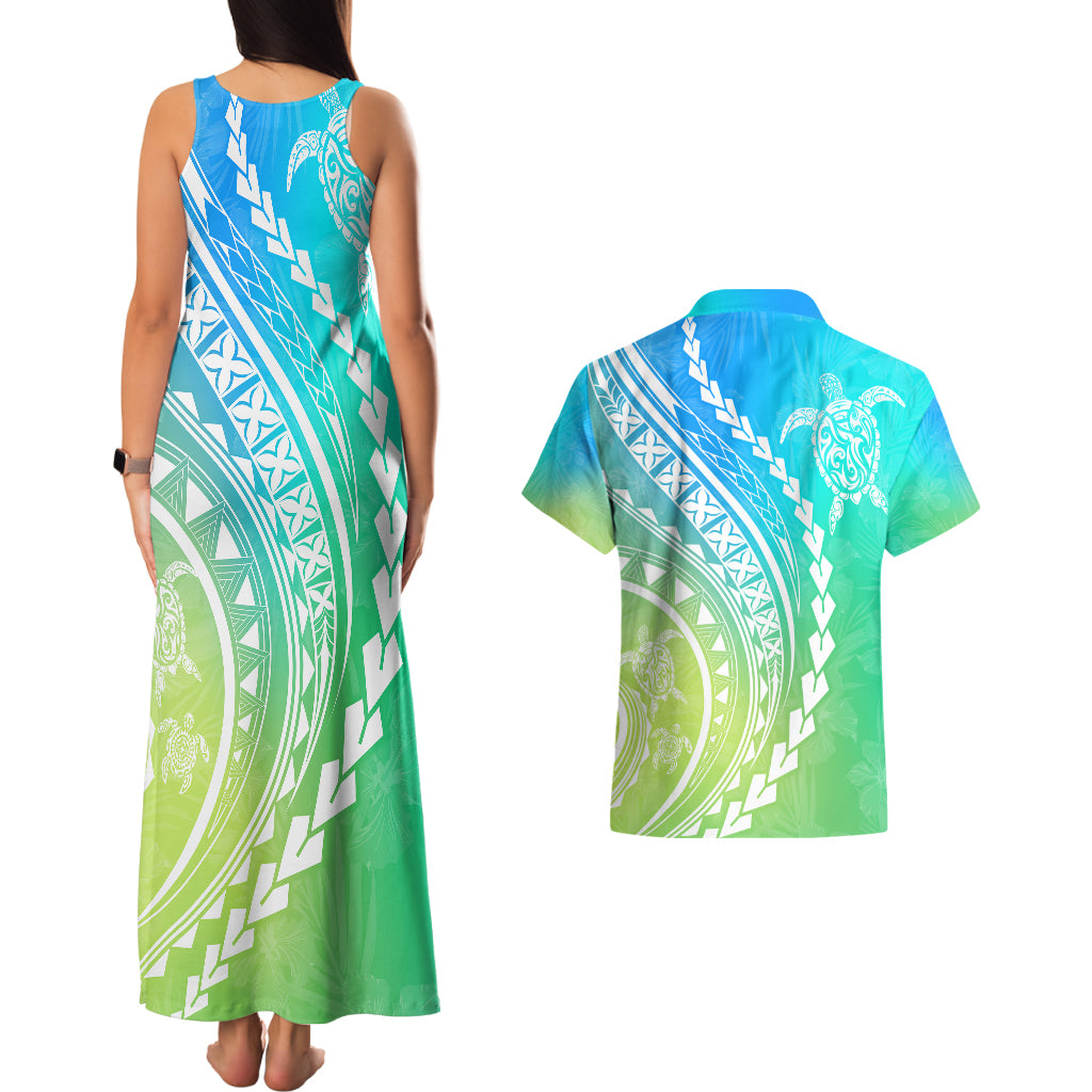 Polynesian Pride Couples Matching Tank Maxi Dress and Hawaiian Shirt Turtle Hibiscus Luxury Style - Gradient Blue LT7 - Polynesian Pride