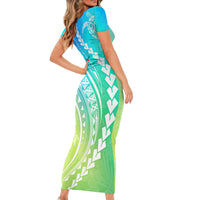 Polynesian Pride Short Sleeve Bodycon Dress Turtle Hibiscus Luxury Style - Gradient Blue LT7 - Polynesian Pride