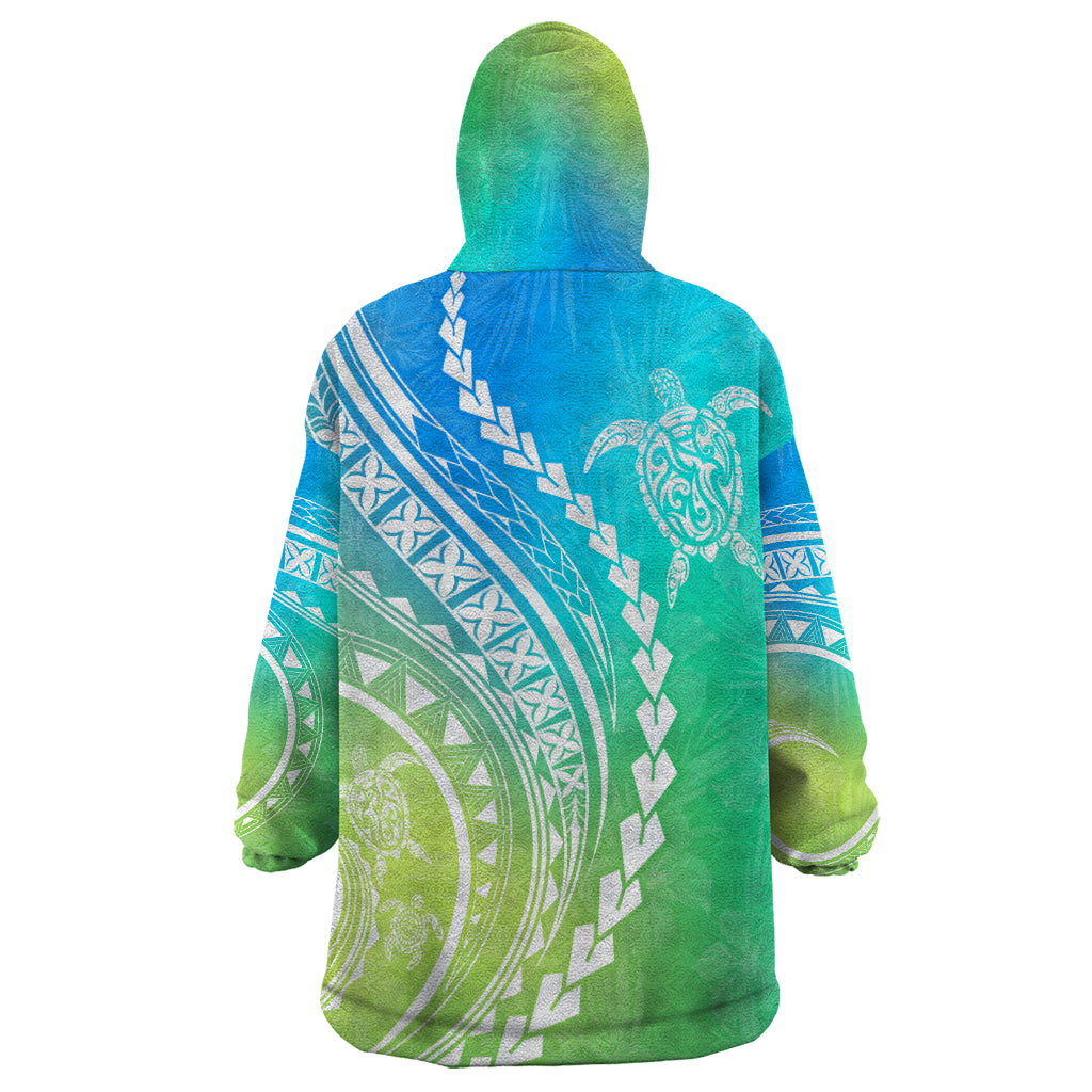 Polynesian Pride Wearable Blanket Hoodie Turtle Hibiscus Luxury Style - Gradient Blue LT7 - Polynesian Pride