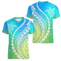 Polynesian Pride Women V Neck T Shirt Turtle Hibiscus Luxury Style - Gradient Blue LT7 - Polynesian Pride