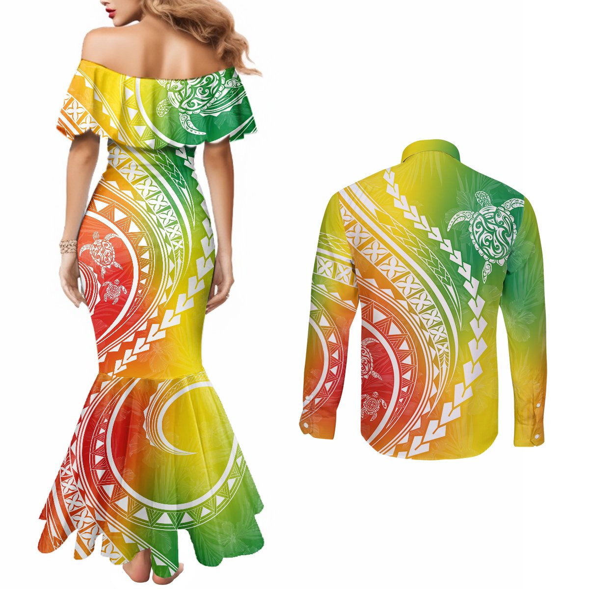 Polynesian Pride Couples Matching Mermaid Dress and Long Sleeve Button Shirts Turtle Hibiscus Luxury Style - Reggae LT7 - Polynesian Pride